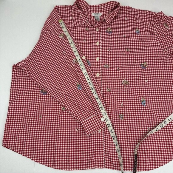 Teddi Women’s Red Check Embroidered Fruit Roll Tab Sleeve Button Down Top 3X/C63 - Picture 13 of 13